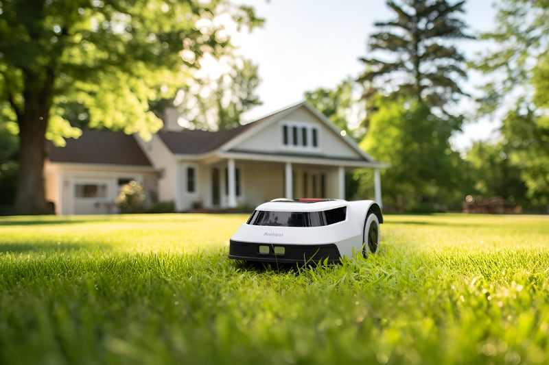 O grădină cu gazon frumos, tuns de robotul ANTHBOT PION