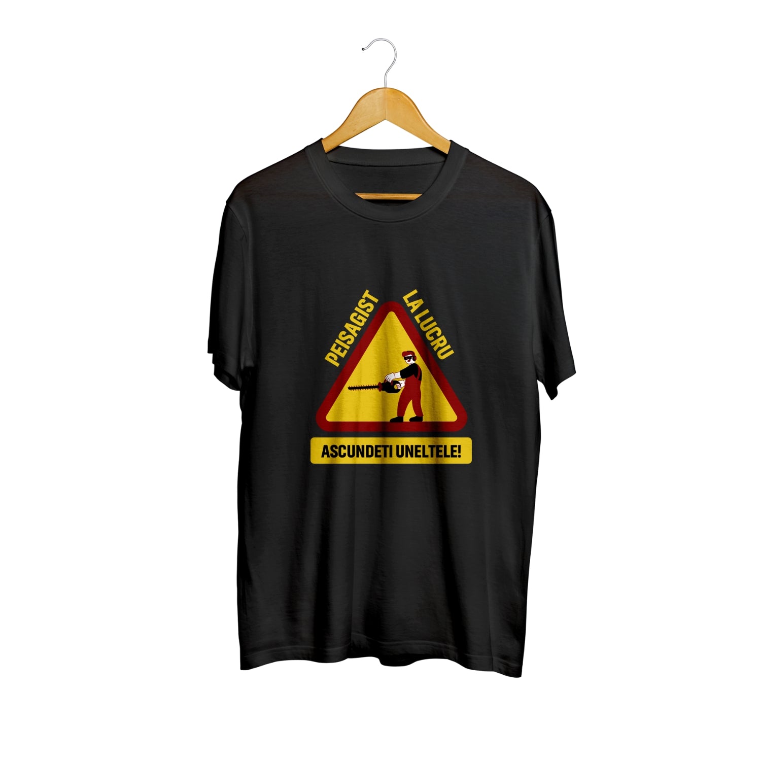 Tricou negru Peisagist la lucru – Ascundeți uneltele! – 100% bumbac, pentru profesioniști