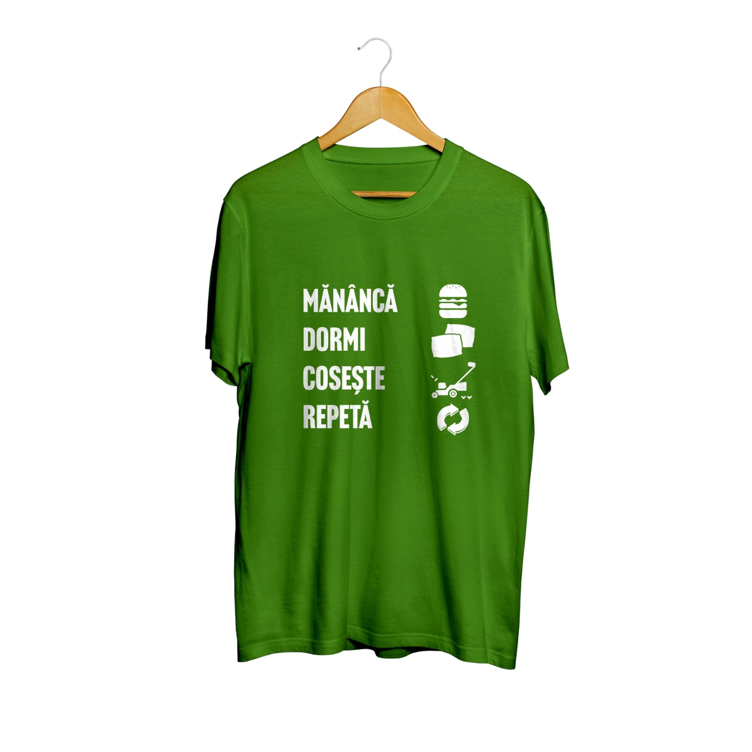Tricou verde Mănâncă-Dormi-Cosește-Repetă – 100% bumbac, tematică gazon și grădină