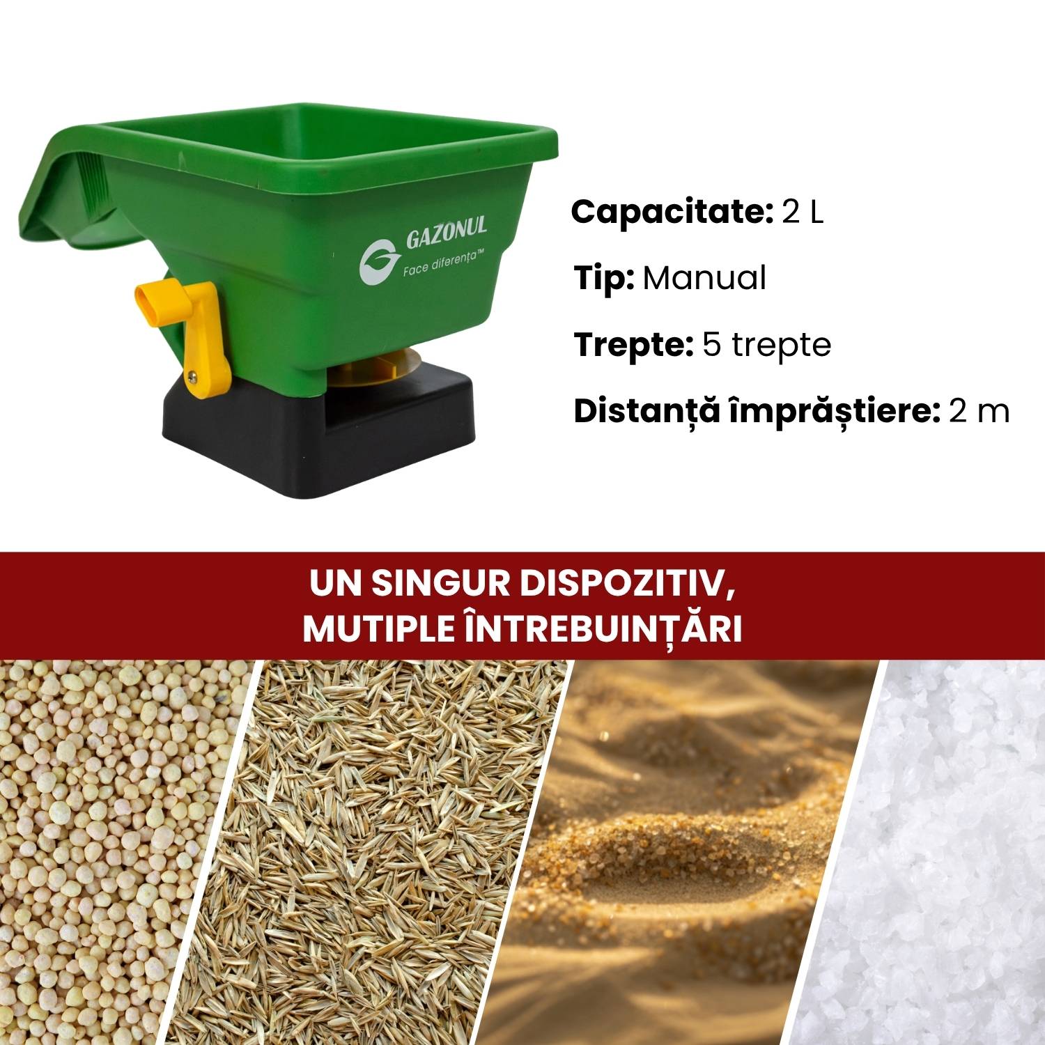 Distribuitor manual Easy Spin – 2 L pentru semințe și îngrășăminte