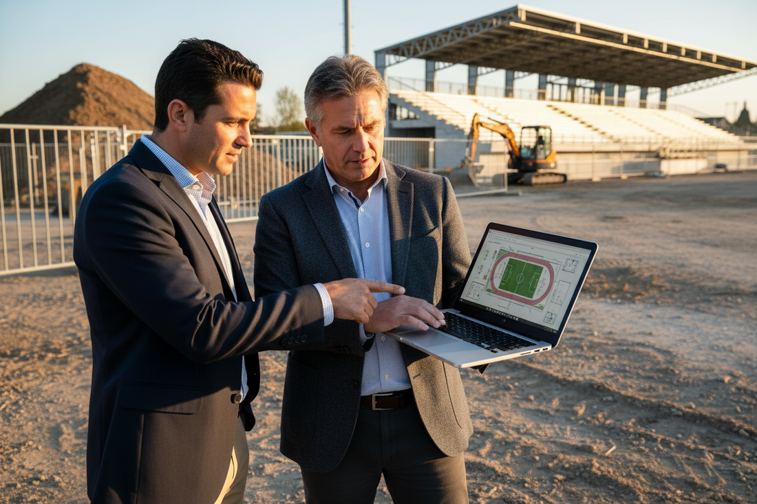two men watching a laptop and consulting a sport field project